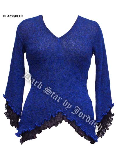 Dark Star Black and Blue Long Sleeve Rayon Knit Gothic Top - Click Image to Close
