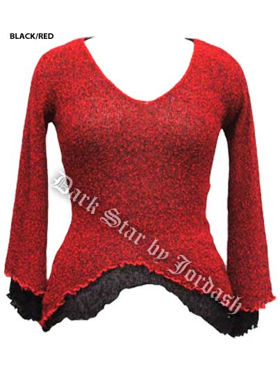 Dark Star Black and Red Long Sleeve Rayon Knit Gothic Top - Click Image to Close