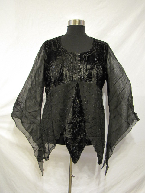 Dark Star Black Gothic Velvet Georgette Mesh Renaissance Blouse - Click Image to Close