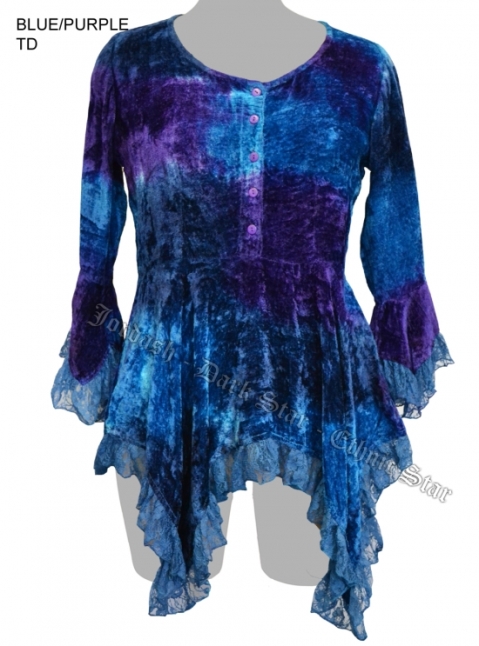 Dark Star Blue and Purple Gothic Velvet Lace Renaissance Bell Sleeve Top - Click Image to Close