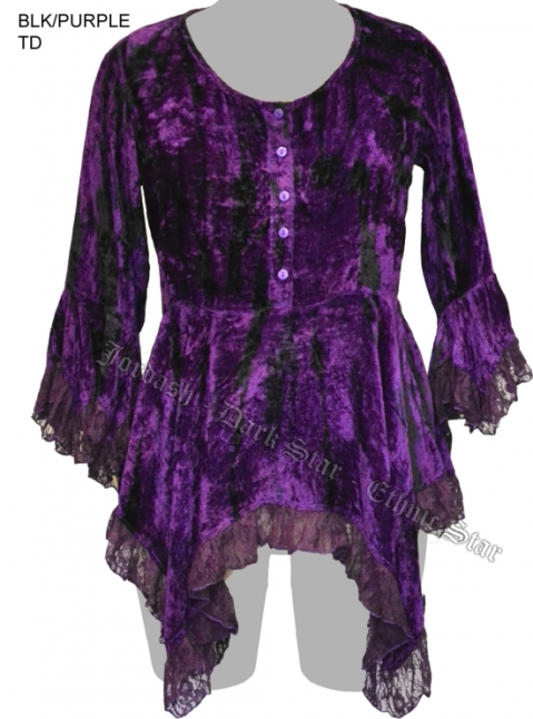 Dark Star Black and Purple Gothic Velvet Lace Renaissance Bell Sleeve Top - Click Image to Close