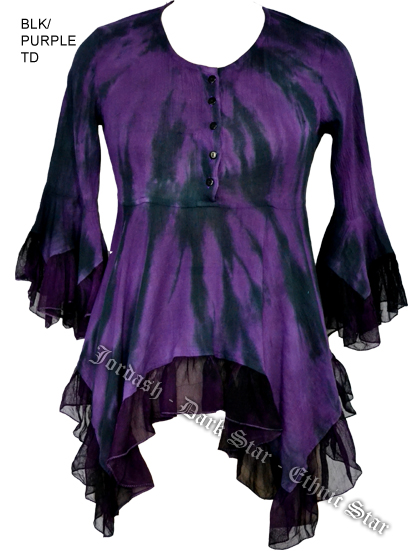 Dark Star Purple and Black Gothic Georgette Renaissance Bell Sleeve Top - Click Image to Close