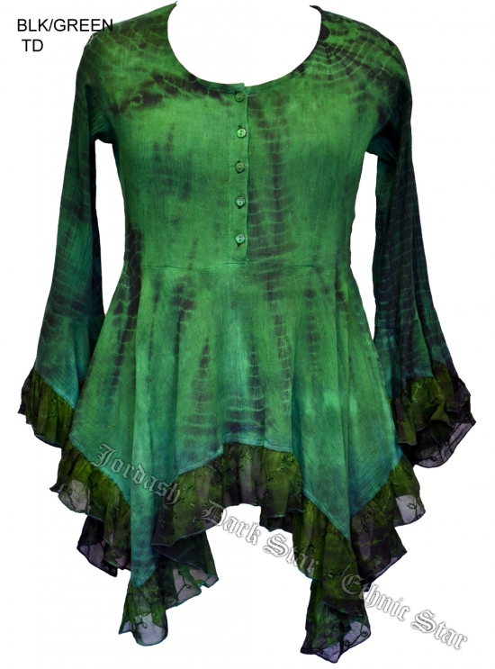 Dark Star Green and Black Gothic Georgette Renaissance Bell Sleeve Top - Click Image to Close