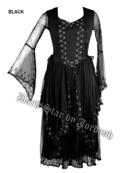 Dark Star Black Gothic Corset Long Mesh Lace Ribbon Dress - Click Image to Close