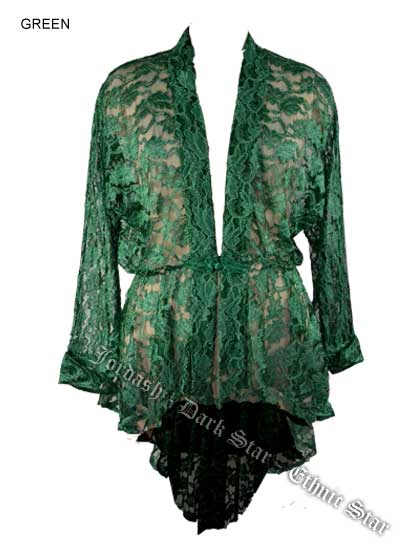 Dark Star Green Lace Gothic Duster Jacket w Frog Fastening - Click Image to Close
