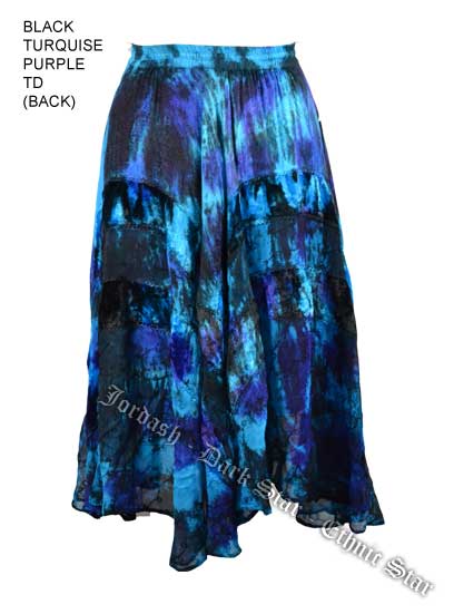 Dark Star Plus Size Long Black Turquoise & Purple Jacquard Satin Embroidered Georgette Skirt - Click Image to Close