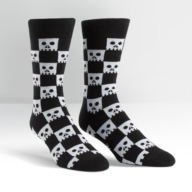 Plus Size or Men's Black and White Checkered Skull Wide Curvy Crew Socks - Click Image to Close