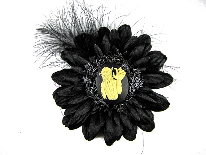 Nick's Bows Black & Black Feather w Haunted Mansion Cameo Edgar Allen Poe Hair Clip - Click Image to Close