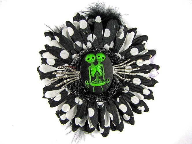 Nick's Bows Black PolkaDot & Black Feather w Green Conjoined Twins Cameo & Silver Hands Edgar Allen Poe Hair Clip - Click Image to Close