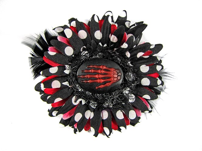 Nick's Bows Black PolkaDot w Red & Black Feather w Red Skeleton Hand Cameo Edgar Allen Poe Hair Clip