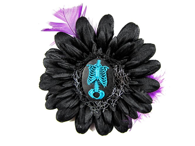 Nick's Bows Black & Purple Feather w Blue Torso Cameo Edgar Allen Poe Hair Clip - Click Image to Close