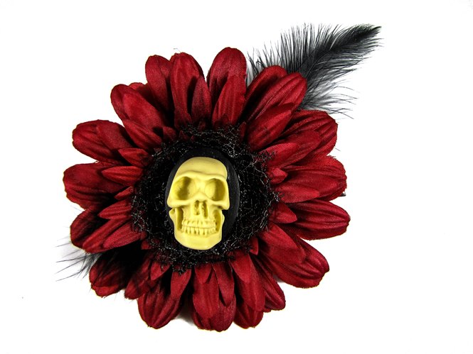 Nick's Bows Burgundy & Black Feather w 3D Skull Cameo Edgar Allen Poe Hair Clip - Click Image to Close