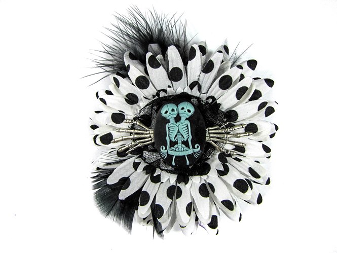 Nick's Bows White PolkaDot & Black Feather w Blue Conjoined Twins Cameo & Silver Hands Edgar Allen Poe Hair Clip - Click Image to Close