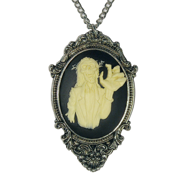Gothic Zombie Cameo Ivory on Black in Victorian Frame Pewter Necklace - Click Image to Close