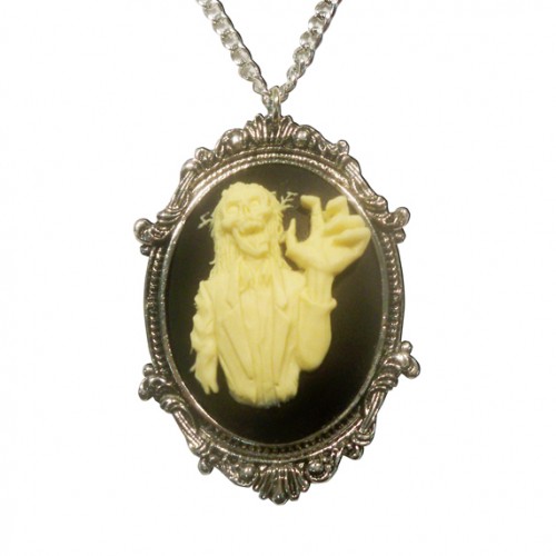 Gothic Zombie Cameo Ivory on Black in Frame Pewter Necklace - Click Image to Close