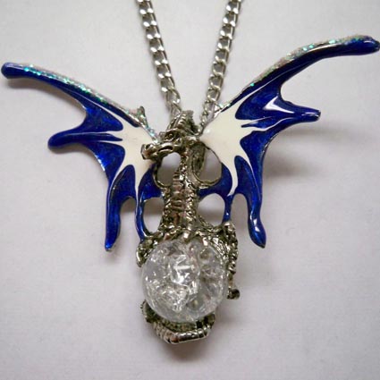 Blue & White Dragon Holding Crystal Orb Necklace