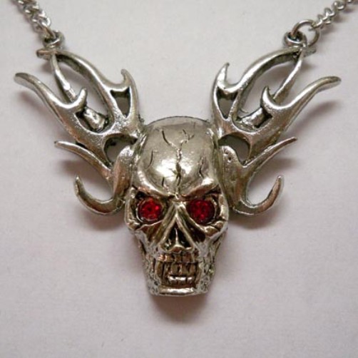 Skull on Flames w Red Eyes Necklace - Click Image to Close