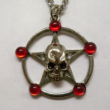 Skull Pentacle w Red Stones Necklace - Click Image to Close