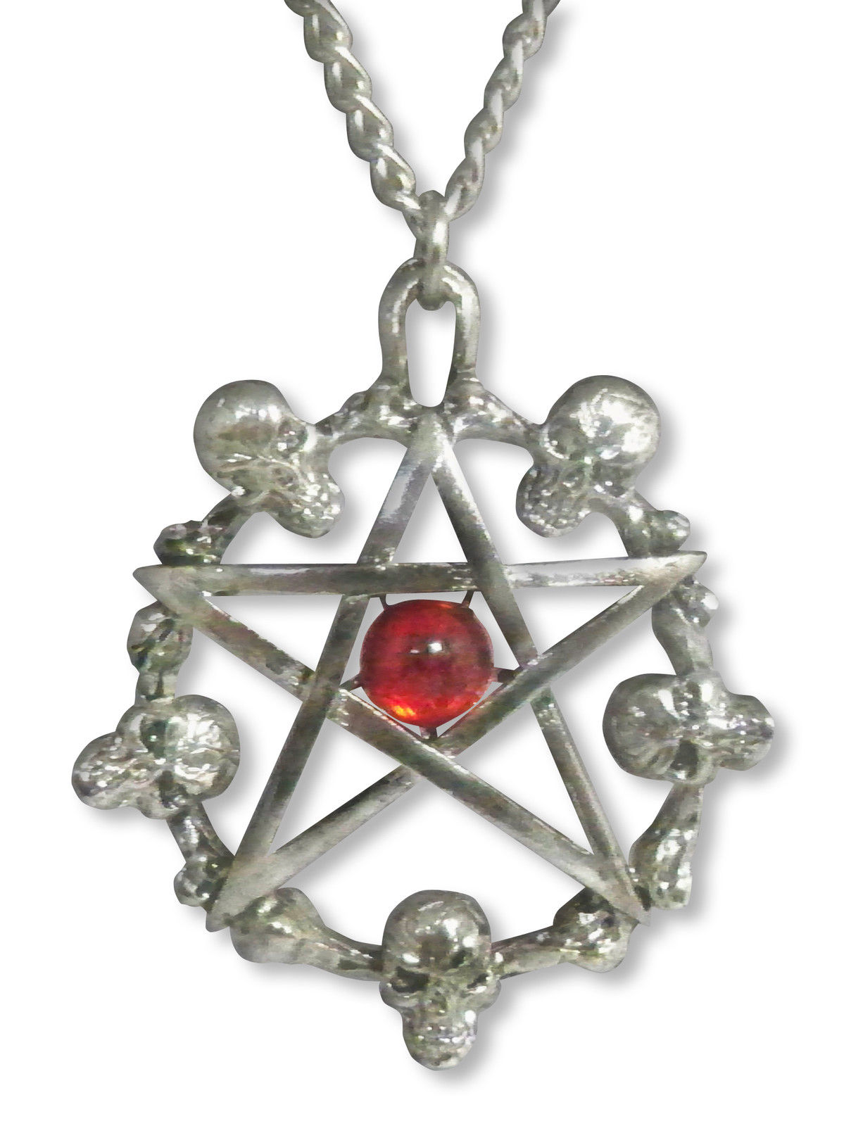 Skulls Around Pentagram w Red Cabochon Necklace - Click Image to Close