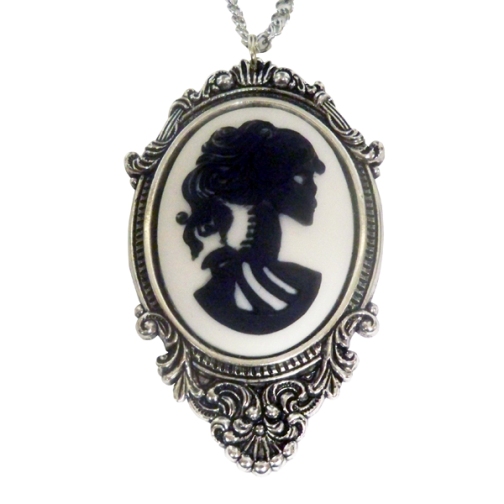 Large Black on White Lolita Cameo in Frame Necklace - Click Image to Close