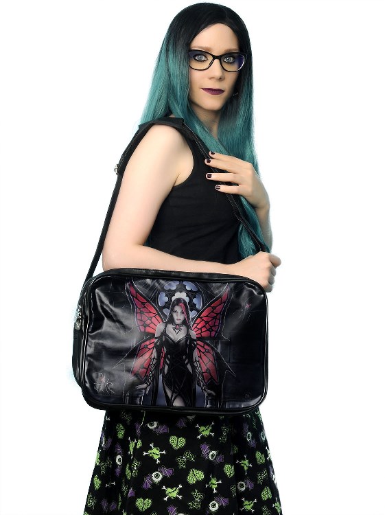 Gothic Black and Red Butterfly Black Widow Fairy Aracnafaria Side Bag by Anne Stokes - Click Image to Close