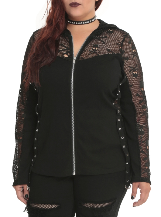 Tripp Plus Size Gothic Black Skull Lace Mesh Zip Hoodie - Click Image to Close