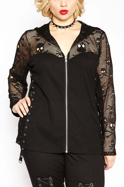 Tripp Plus Size Gothic Black Skull Lace Mesh Zip Hoodie - Click Image to Close