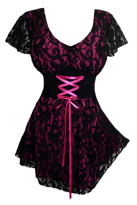Plus Size Fuchsia and Black Lace Sweetheart Corset Top - Click Image to Close
