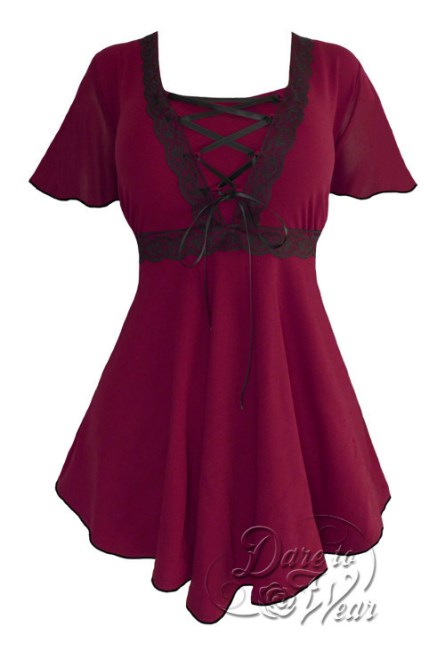 Plus Size Burgundy Angel Corset Top in Burgundy and Black Lace - Click Image to Close