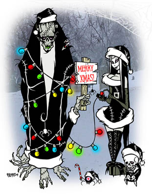 Merry Xmas Skulls and Spiders Toxic Toons Spooky Greeting Card - Click Image to Close