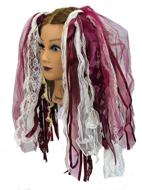 White & Burgundy & Cream Gothic Ribbon Hair Falls by Dreadful Falls - Click Image to Close
