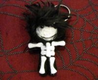 Black and White Skelly with Black Hair Voodoo Keychain