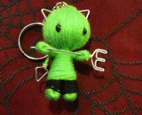 Green Devil Cat Cuties w Pitchfork & Bell Voodoo Keychain