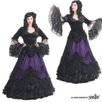 Sinister Gothic Plus Size Black & Purple Mesh Ruffled Lace & Satin Roses Long Renaissance Ballgown Skirt
