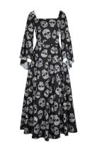 Plus Size Black w/ Skull Print Long Gothic Renaissance Chiffon Dress