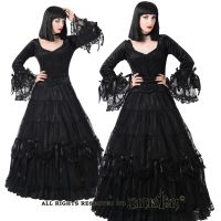 Sinister Gothic Plus Size Black Tiered Lace Satin Rosettes & Bows Long Renaissance Skirt