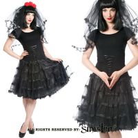 Sinister Gothic Plus Size Black Double Layer Tulle Satin Ribbon & Bows Petticoat Style Skirt