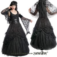 Sinister Gothic Plus Size Black Satin Lace & Tulle w Rosettes Long Wedding Gown