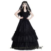 Sinister Gothic Plus Size Black Embroidered French Lace & Velvet Bows Long Medieval Skirt