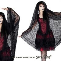 Sinister Gothic Long Black Sicilian Lace Wedding Veil w Scalloped Venetian Lace & Velvet Trim