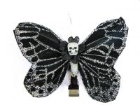 Hairy Scary Black & Silver Glitter Medium Kahlovera Skull Butterfly Feather Hair Clip
