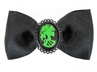 Hairy Scary Black Bow w Green Victorian Skull Cameo Jezebow Hair Clip