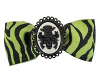 Hairy Scary Green & Black Zebra Bow w Haunted Mansion Cameo Jezebow Hair Clip