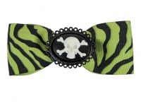 Hairy Scary Green & Black Zebra Bow w Skull & Crossbones Cameo Jezebow Hair Clip