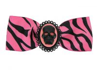Hairy Scary Pink & Black Zebra Bow w Skull Cameo Jezebow Hair Clip