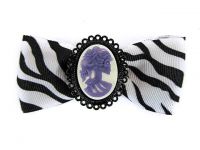 Hairy Scary White & Black Zebra Bow w Purple Victorian Skull Cameo Jezebow Hair Clip