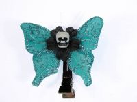 Hairy Scary Light Blue Glitter Mini Kahlovera Skull Butterfly Feather Hair Clip