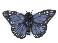 Hairy Scary Blue & Black w Blue Eyes Large Kahlovera Skull Butterfly Feather Hair Clip