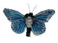 Hairy Scary Blue w Silver Glitter & Silver Large Kahlovera Skull Butterfly Feather Hair Clip