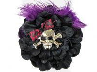 Hairy Scary Black w Magenta Purple Feather & Purple Leopard Bow Heavy Metal Skull Crossbones Hair Clip
